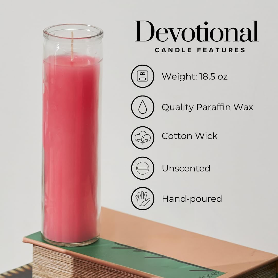 2X8 Inch Pink Devotional Candles in Glass Jar - 3 Pack - 90 Hours – Prayer Candle - Tall Pillar Candles for Religious, Memorials, Party Decor