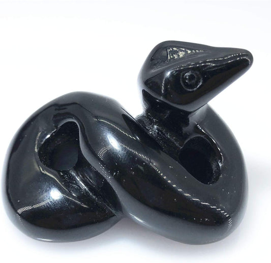 2" Crystal Snake Quartz Skull Figurine, Hand Carved Reiki Healing Crystal Animal Statue Sculpture (Obsidian Snake)
