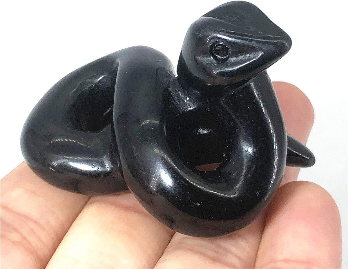 2" Crystal Snake Quartz Skull Figurine, Hand Carved Reiki Healing Crystal Animal Statue Sculpture (Obsidian Snake)