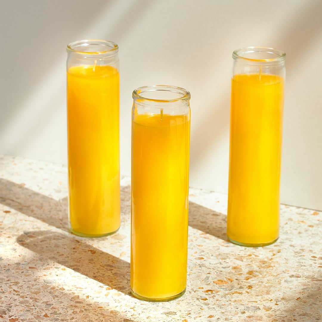 2X8 Inch Yellow Devotional Candles in Glass Jar - 3 Pack - 90 Hours – Prayer Candle - Tall Pillar Candles for Religious, Memorials, Party Decor