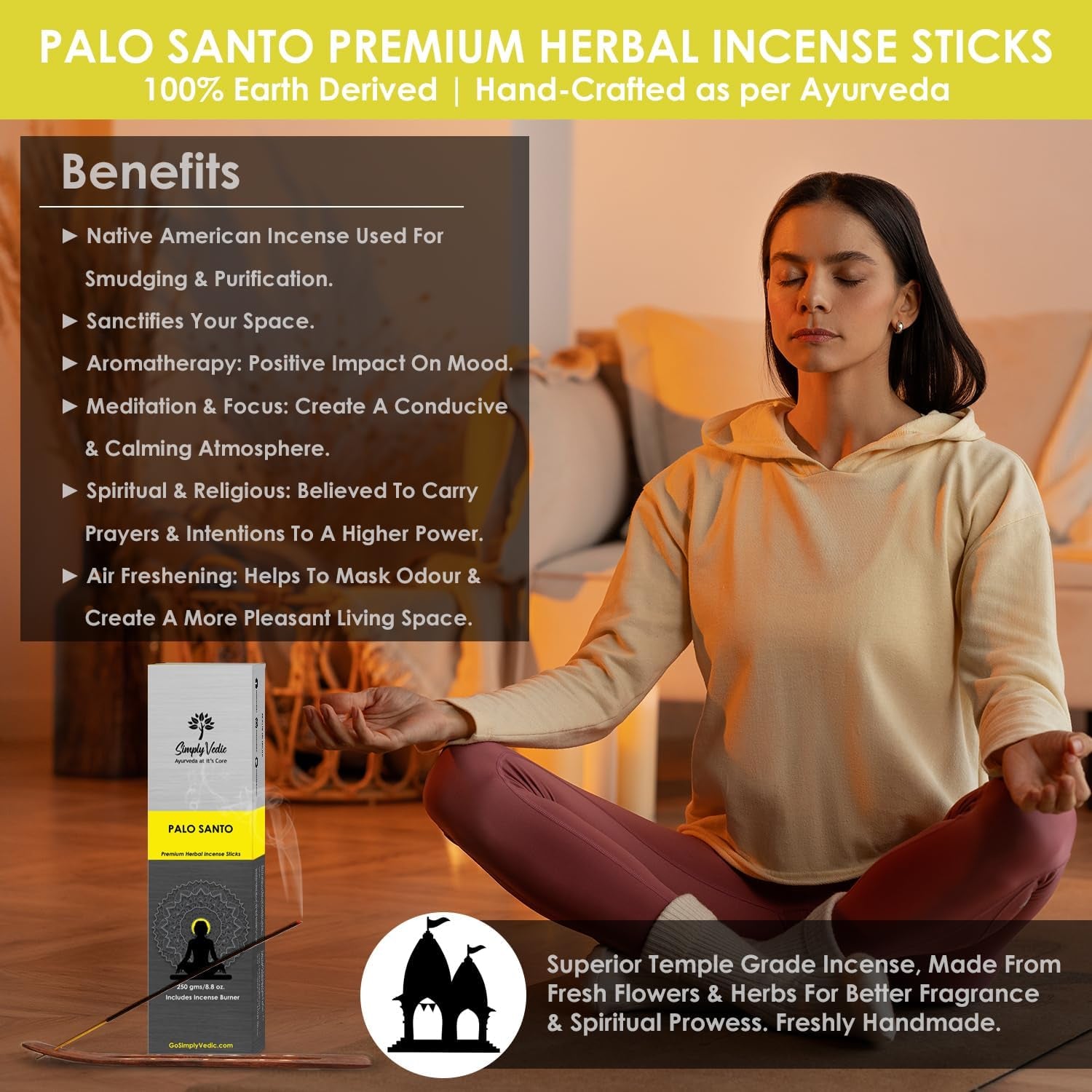 Palo Santo Incense Sticks – 250G Pack (Approx. 135 Handmade Agarbatti + Free Holder) | Natural & Charcoal-Free | 45-Min Burn for Meditation, Yoga, Aromatherapy, Energy Cleansing