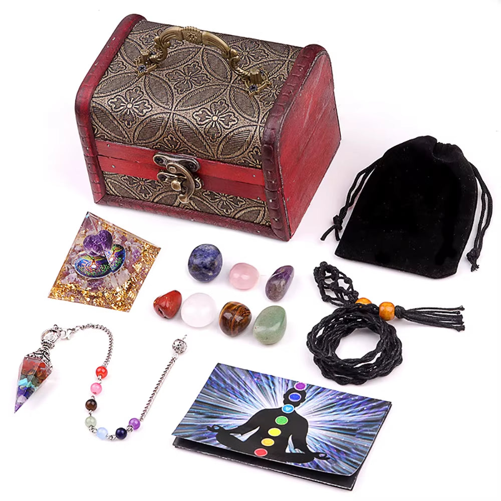 Natural Healing Crystals Kit 7 Chakra Tumbled Stones Resin Pendulum Braided Rope Amethyst Orgone Pyramid Yoga Card Set with Box