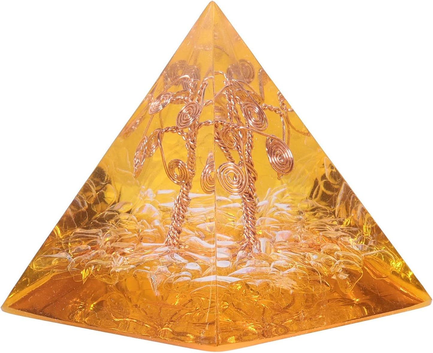 Healing Crystal Orgone Pyramid with Copper Tree of Life Tabletop Decor Stone for Meditation, Yellow