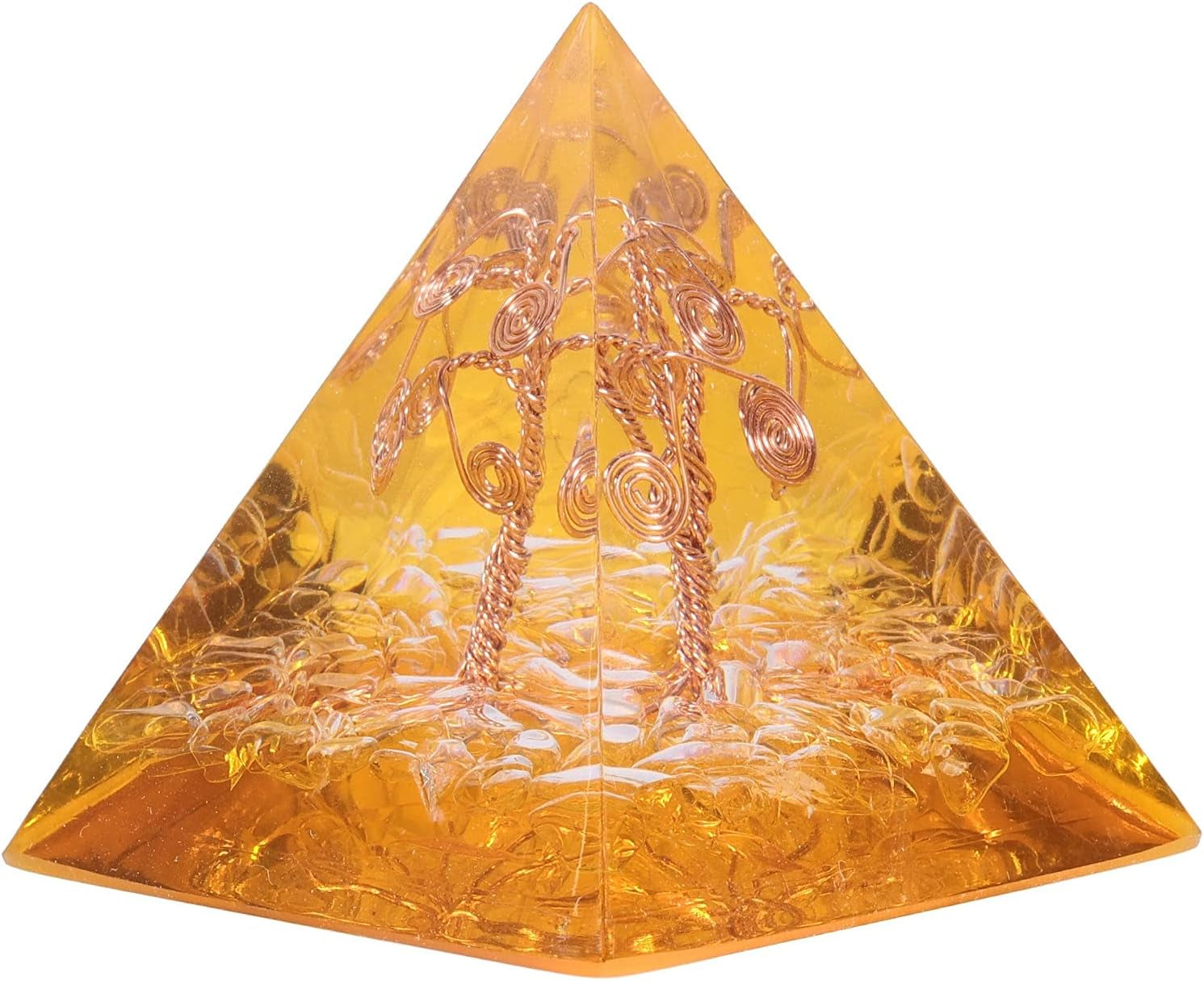 Healing Crystal Orgone Pyramid with Copper Tree of Life Tabletop Decor Stone for Meditation, Yellow