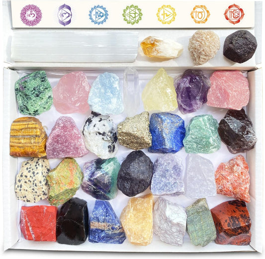32 Natural Crystals and Healing Stones with Guide, Real Raw Crystals Set for Crystal Healing, Chakra, Meditation, Home Decor, Bulk Rough Stone Collection