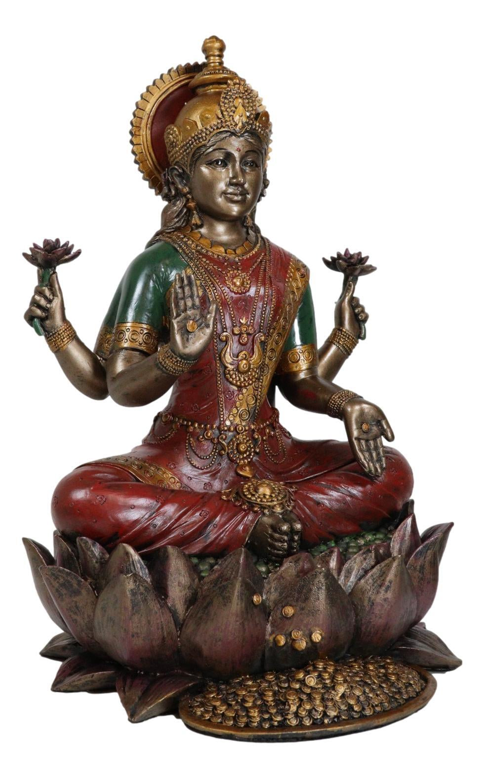Beautiful Large Hindu Goddess Lakshmi Sitting on Lotus Flower Statue 12.25"Tall