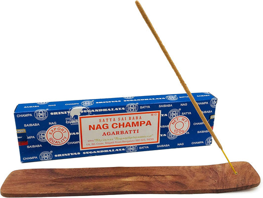 Nag Champa Incense Sticks with Incense Holder - 100 Gram Box and Wooden Tray - for Meditation, Aromatherapy, Yoga, Spiritual Home Decor, Spiritual Gifts -