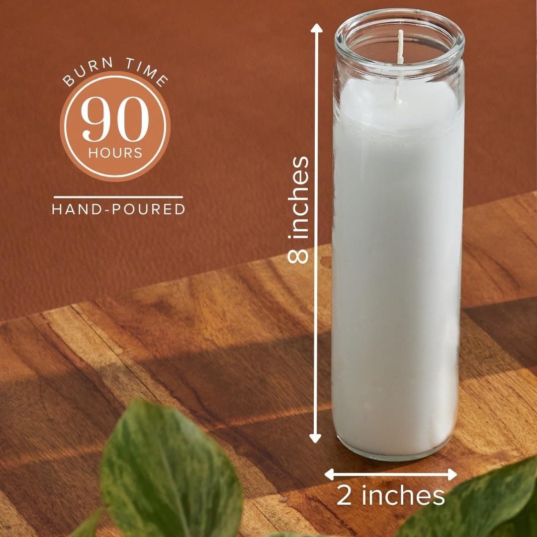 2X8 Inch 7 Day White Pillar Candles in Glass Set of 3, up to 90 Hour Burn Time, Unscented Prayer, Religious Candles for Memorials, Vigil, and Emergency