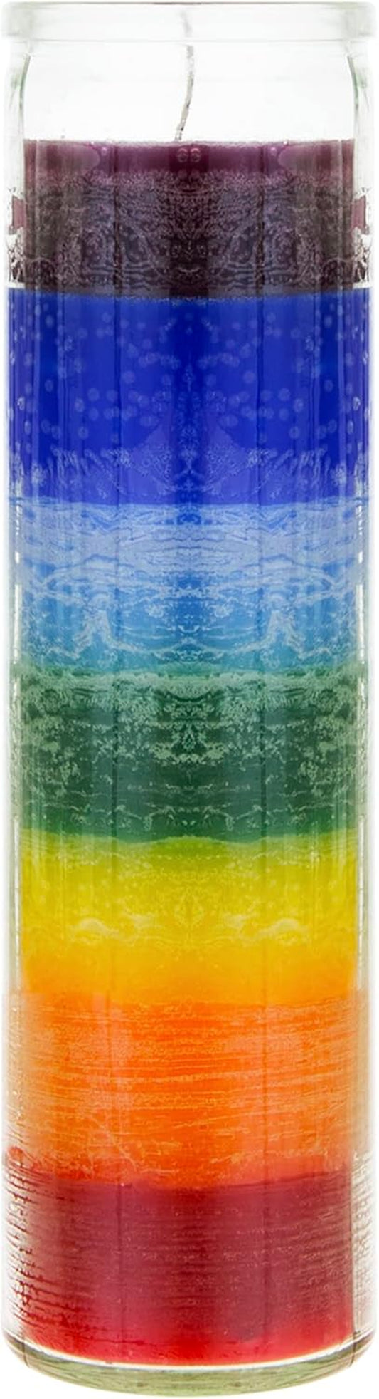 1 Pc Unscented Multi Color Chakra Glass Devotional Prayer Candles, Hand Poured Premium Wax Candle 2 Inch X 8 Inch, Promotes Positive Energy, Aids Meditation, Relaxation, Spiritual