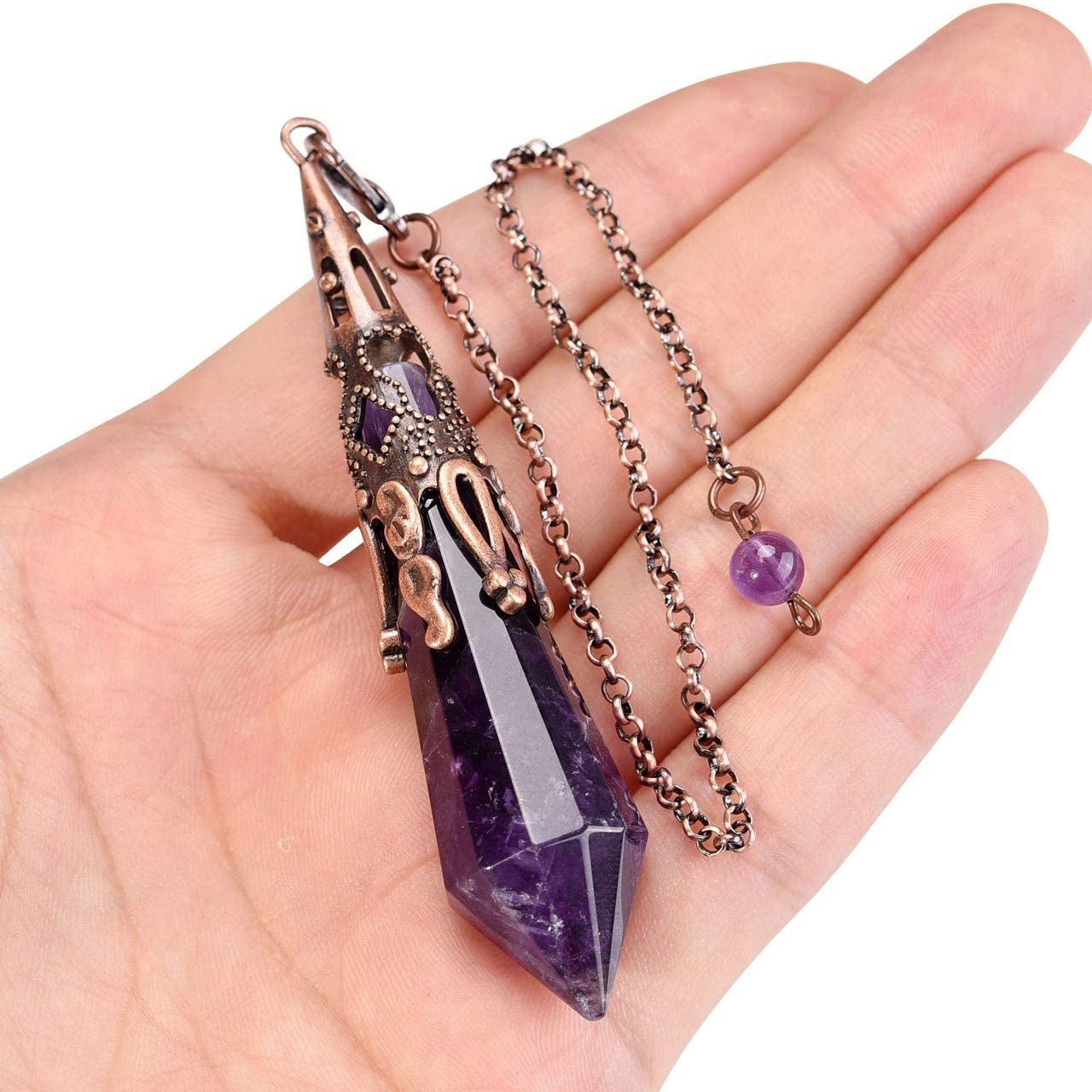 Natural Amethyst Crystal 12 Facted Therapy Healing Dowsing Divination Pendulum - Reiki Charged Chakra Balancing Pendant with Chain
