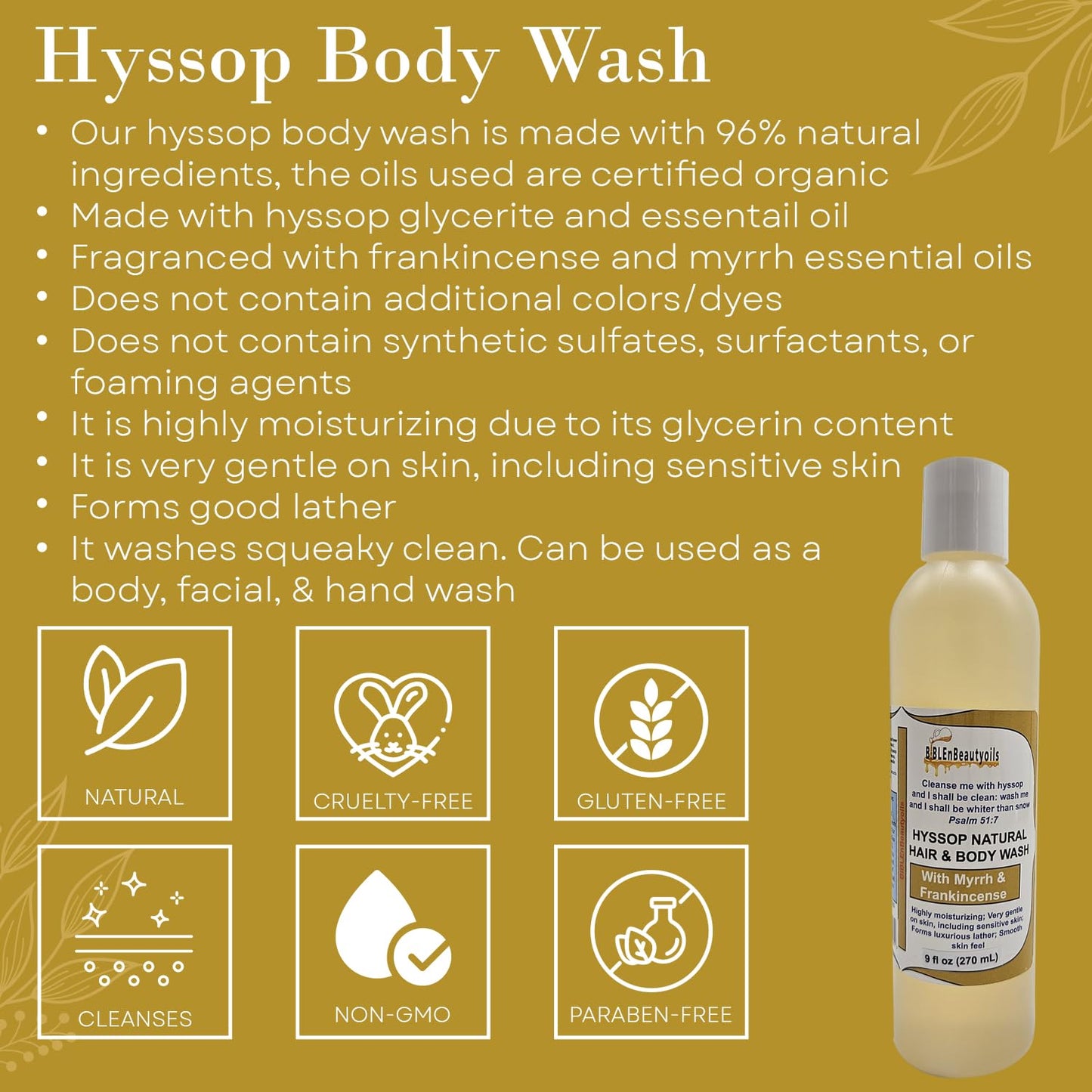 Cleanse Me with Hyssop Natural Hair and Body Wash, Organic Hyssop Infused Shampoo and Body Wash for Nourishing and Refreshing Hair & Body Cleansing (Myrrh and Frankincense)