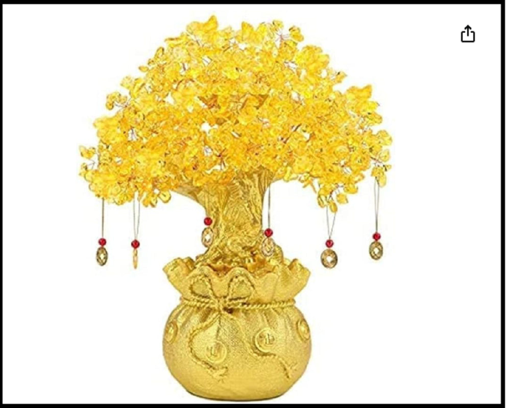 Feng Shui Citrine/Yellow Crytal Money Tree with Chinese Dragon Pots