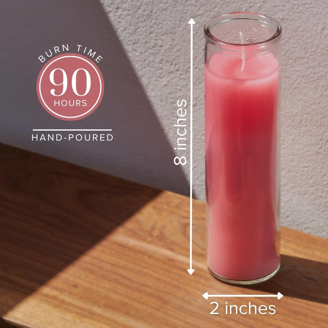 2X8 Inch Pink Devotional Candles in Glass Jar - 3 Pack - 90 Hours – Prayer Candle - Tall Pillar Candles for Religious, Memorials, Party Decor