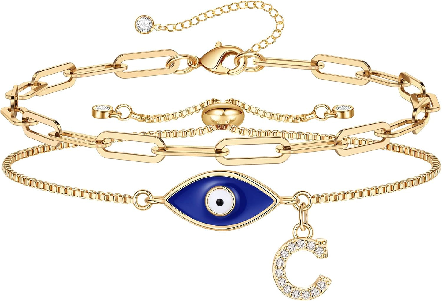 Evil Eye Bracelets for Women, Dainty Layering Paperclip Initial Bracelet Protection Evil Eye Layered Evil Eye Bracelets for Womens Friendship Gifts Jewelry Set