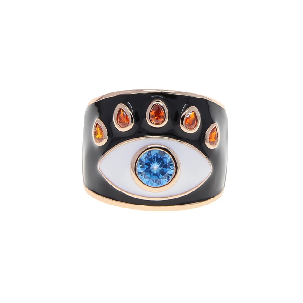 Open #7 Rose Gold Color Pink White Blue Black Colorful Enamel Lucky Turkish Evil Eye Big Women Finger Ring