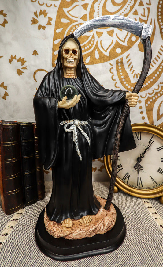 Ebros 12.75" Tall Holy Santa Muerte Holding Scythe in Black Tunic Robe Statue