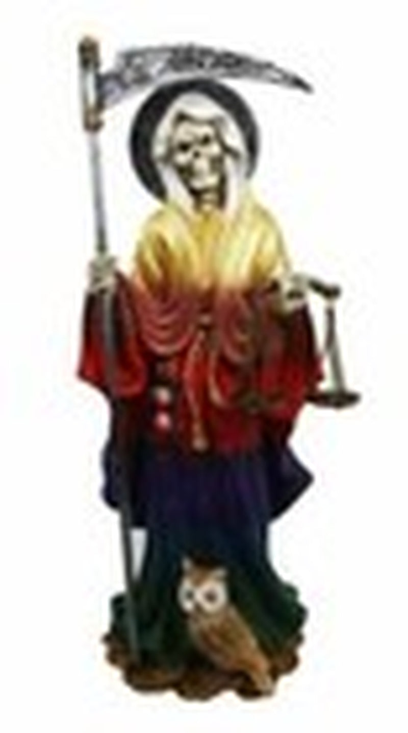 10.5" Height Standing Santa Muerte with Owl Scythe and Scales Figurine (Rainbow)