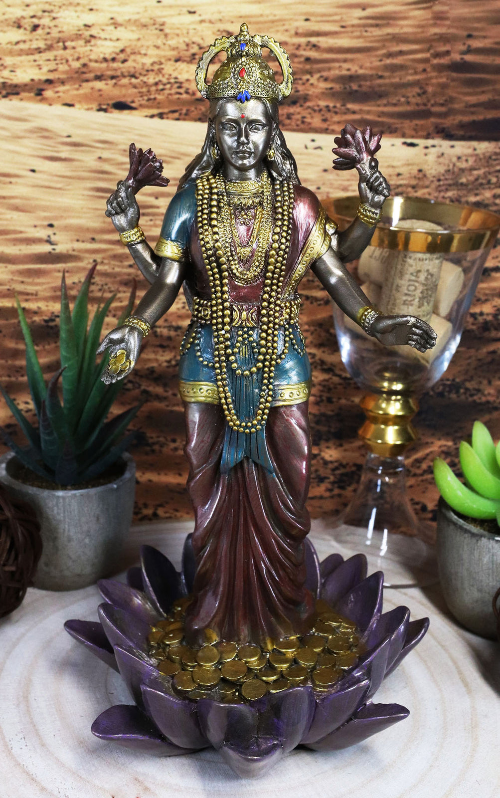 Ebros Hindu Goddess Lakshmi Standing on Lotus Blossom Statue Deity of Prosperity