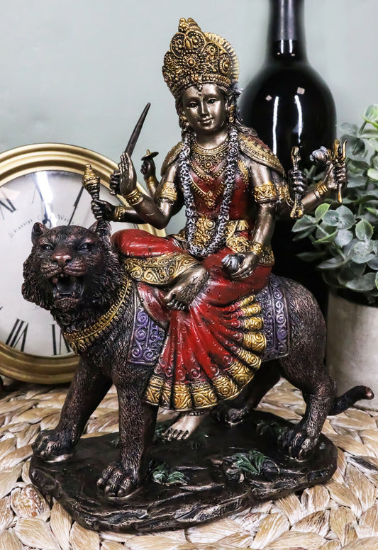 The Invincible Eight Handed Hindu Goddess Durga Sitting on Bahan Tiger Statue