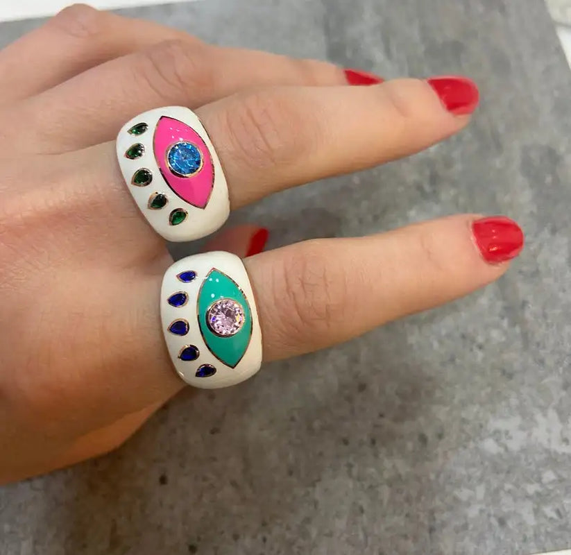 Open #7 Rose Gold Color Pink White Blue Black Colorful Enamel Lucky Turkish Evil Eye Big Women Finger Ring