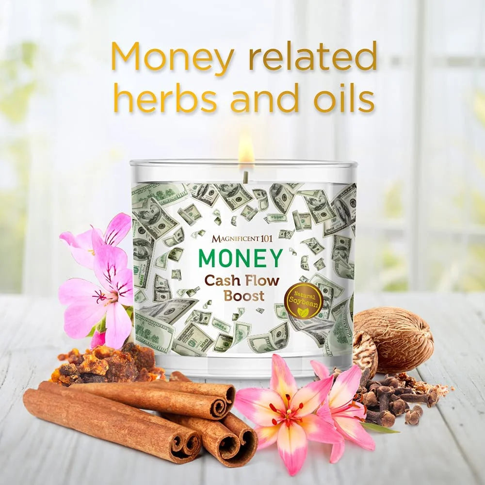 Money Cash Flow Boost Large Glass Candle 14Oz with Sage, Woody & Earthy Scented
