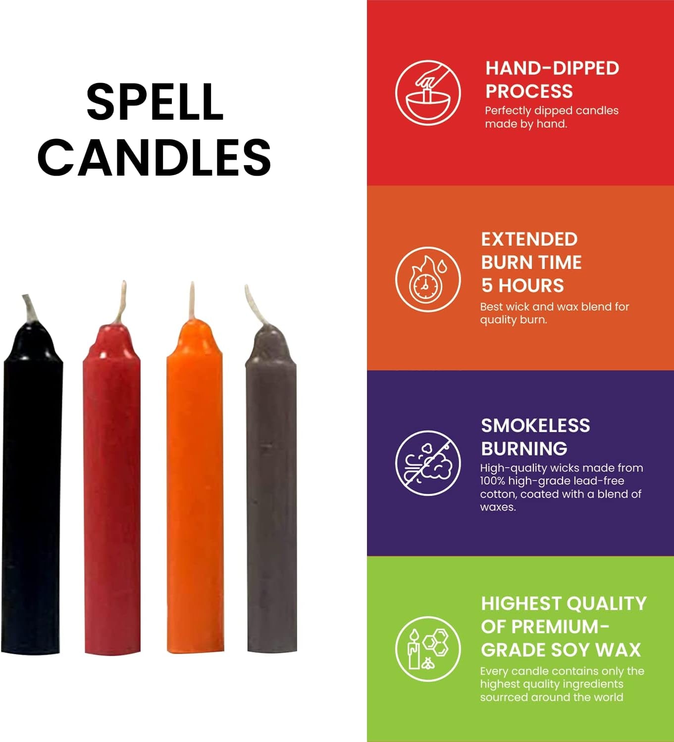 Spell Candles 48 Pack 4" Tall X 1/2" Dia, 12 Colors 4 Mini Candles Black, White, Green, Red, Yellow, Orange, Blue, Brown, Pink, Purple, Grey, Non-Metallic Gold, and Candle Spell E-Book
