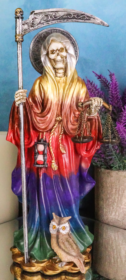 10.5" Height Standing Santa Muerte with Owl Scythe and Scales Figurine (Rainbow)