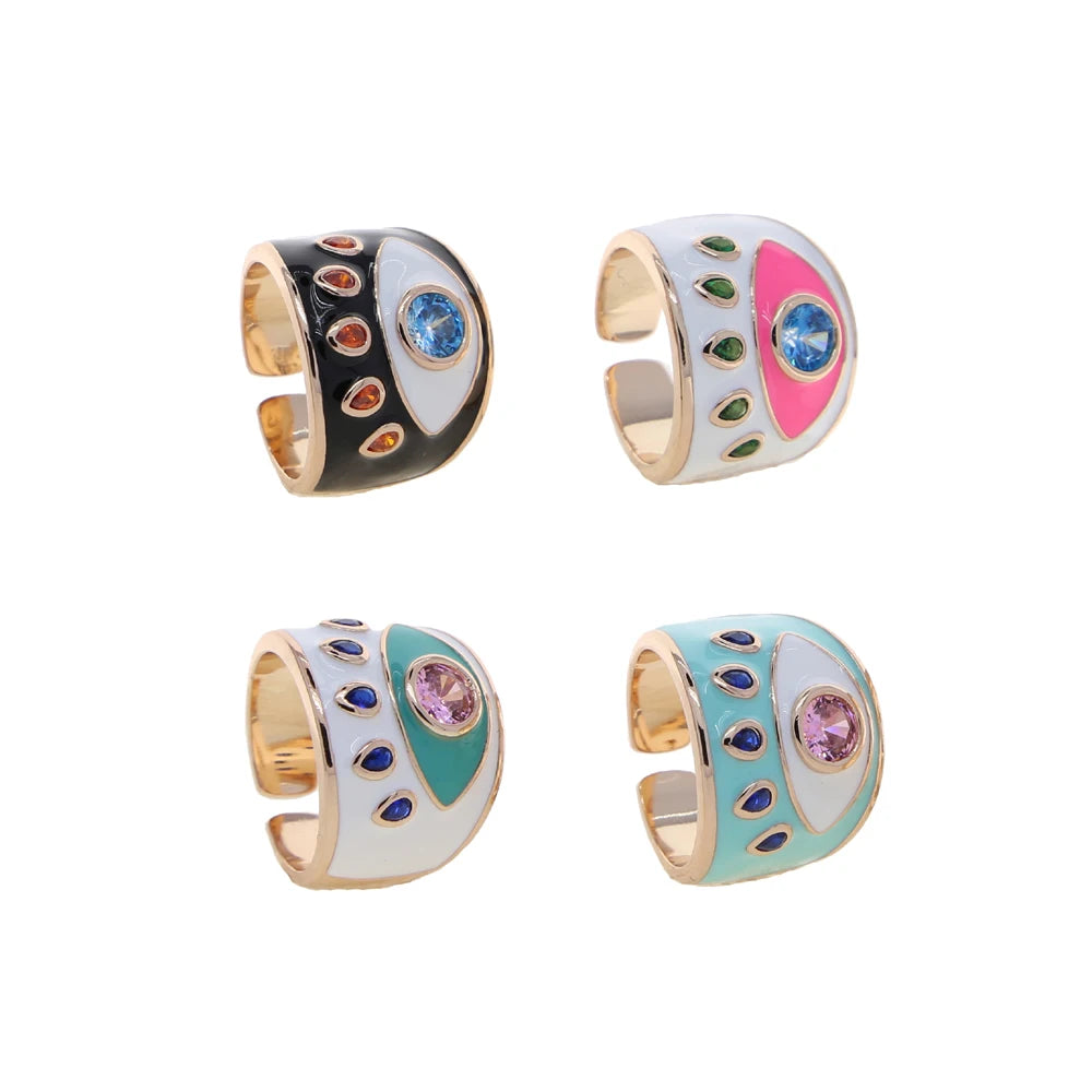 Open #7 Rose Gold Color Pink White Blue Black Colorful Enamel Lucky Turkish Evil Eye Big Women Finger Ring