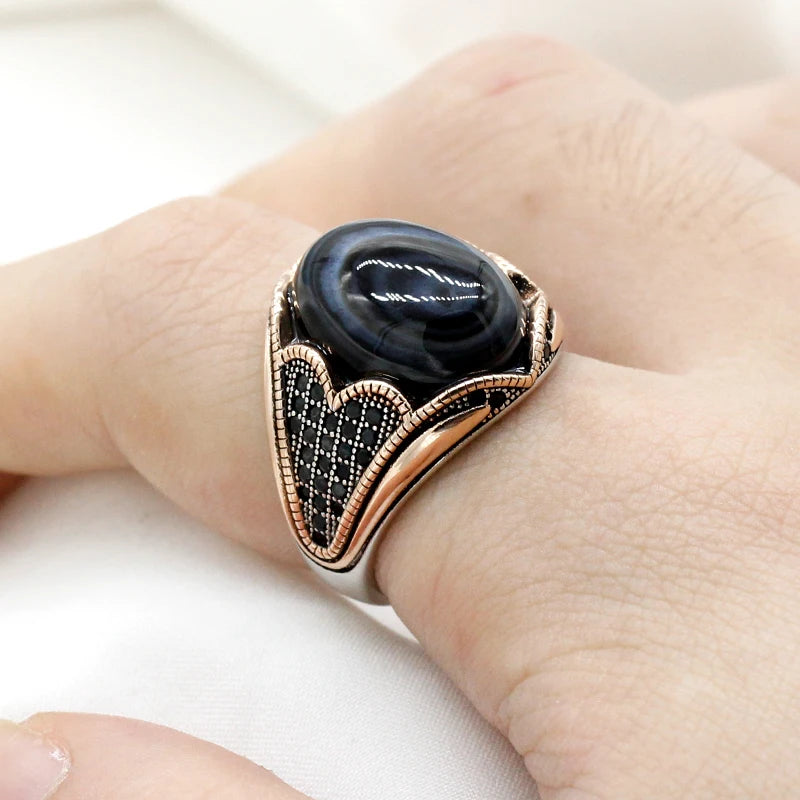 Vintage Men'S Ring with Agate Stone 925 Sterling Silver Evil Eye Natural Gemstone Ring Gorgeous Jewelry for Women Christmas Gift