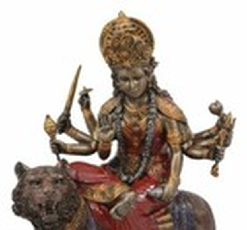 The Invincible Eight Handed Hindu Goddess Durga Sitting on Bahan Tiger Statue