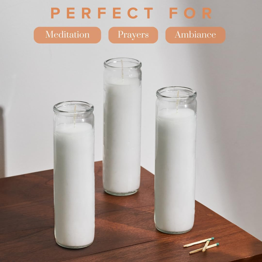 2X8 Inch 7 Day White Pillar Candles in Glass Set of 3, up to 90 Hour Burn Time, Unscented Prayer, Religious Candles for Memorials, Vigil, and Emergency