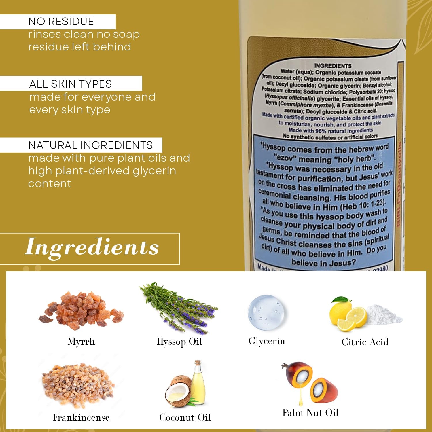 Cleanse Me with Hyssop Natural Hair and Body Wash, Organic Hyssop Infused Shampoo and Body Wash for Nourishing and Refreshing Hair & Body Cleansing (Myrrh and Frankincense)