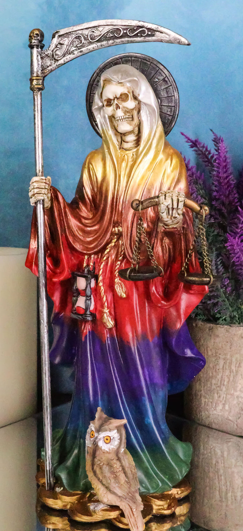 10.5" Height Standing Santa Muerte with Owl Scythe and Scales Figurine (Rainbow)