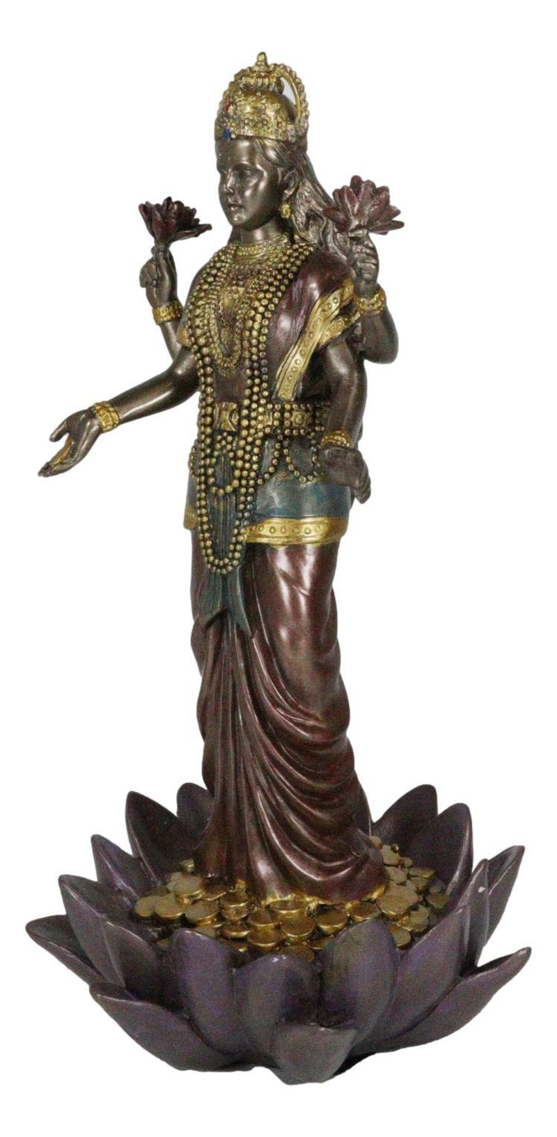 Ebros Hindu Goddess Lakshmi Standing on Lotus Blossom Statue Deity of Prosperity