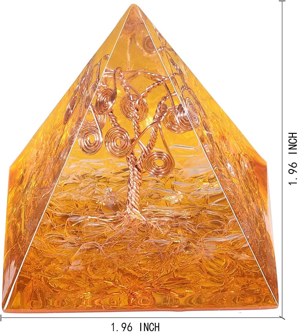 Healing Crystal Orgone Pyramid with Copper Tree of Life Tabletop Decor Stone for Meditation, Yellow