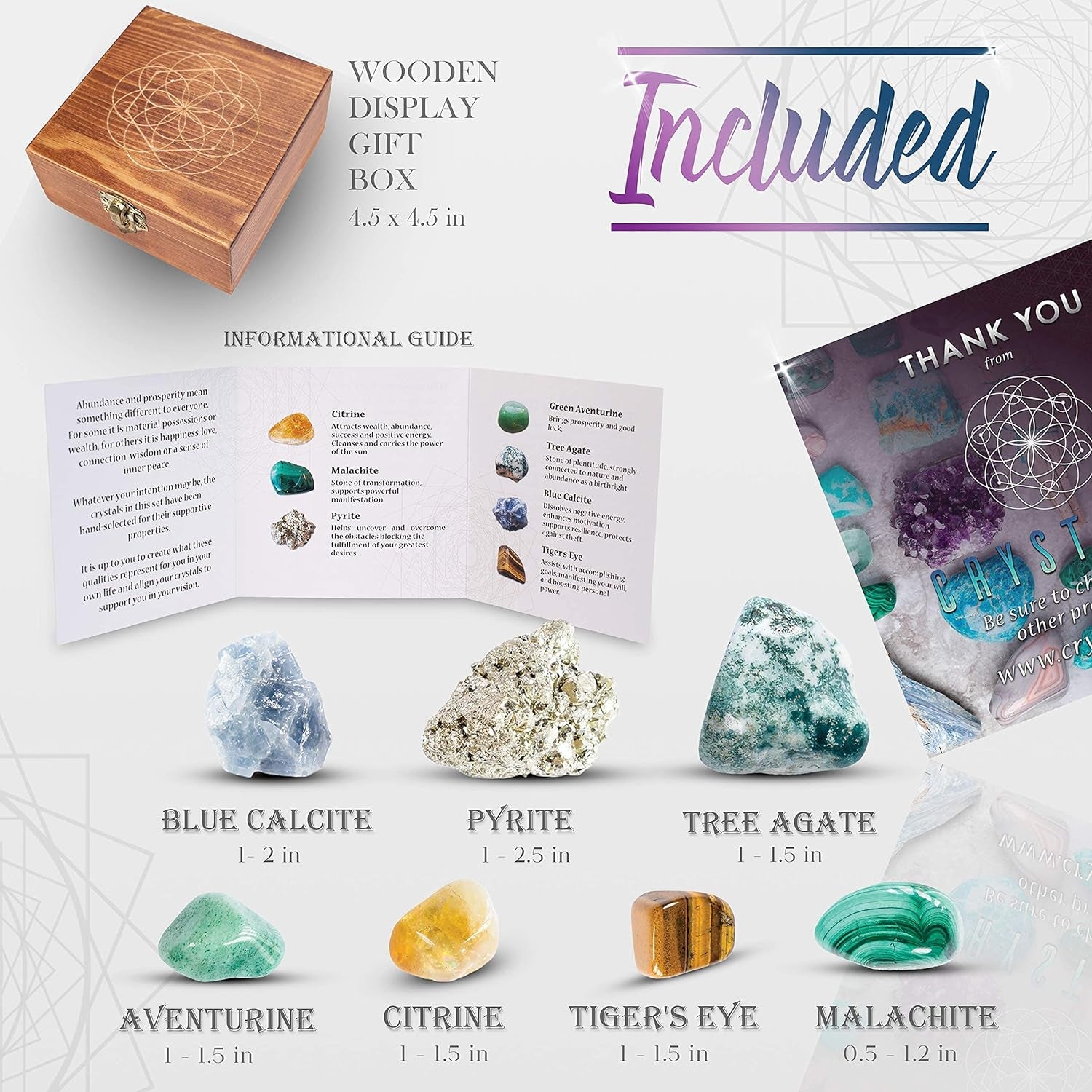 Abundance and Prosperity Healing Crystals, 100% Authentic, Wooden Gift Box + 50Pg EBOOK- Malachite, Pyrite, Citrine, Aventurine, Blue Calcite, Tree Agate, Tiger Eye + Info Guide, Made in USA