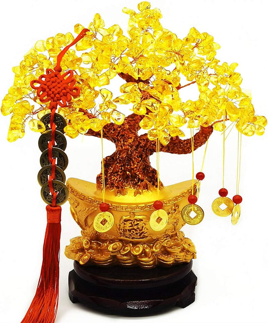 Feng Shui Yellow Quartz Crystal Tree, Bonsai Style Money Trees Decoration for Luck and Wealth (Yuan Bao)