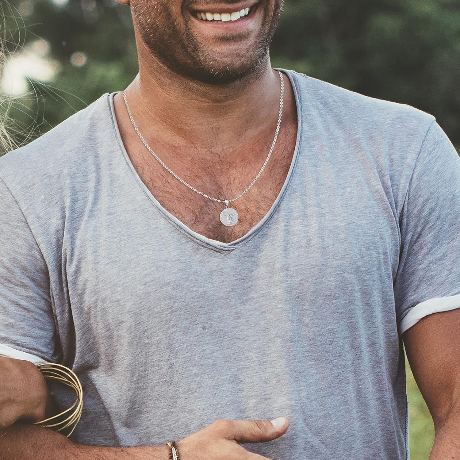 .925 Sterling Silver Saint Michael the Archangel White Cubic Zirconia Accented 1” Medal Pendant Necklace with Rolo Chain and Pendant Only