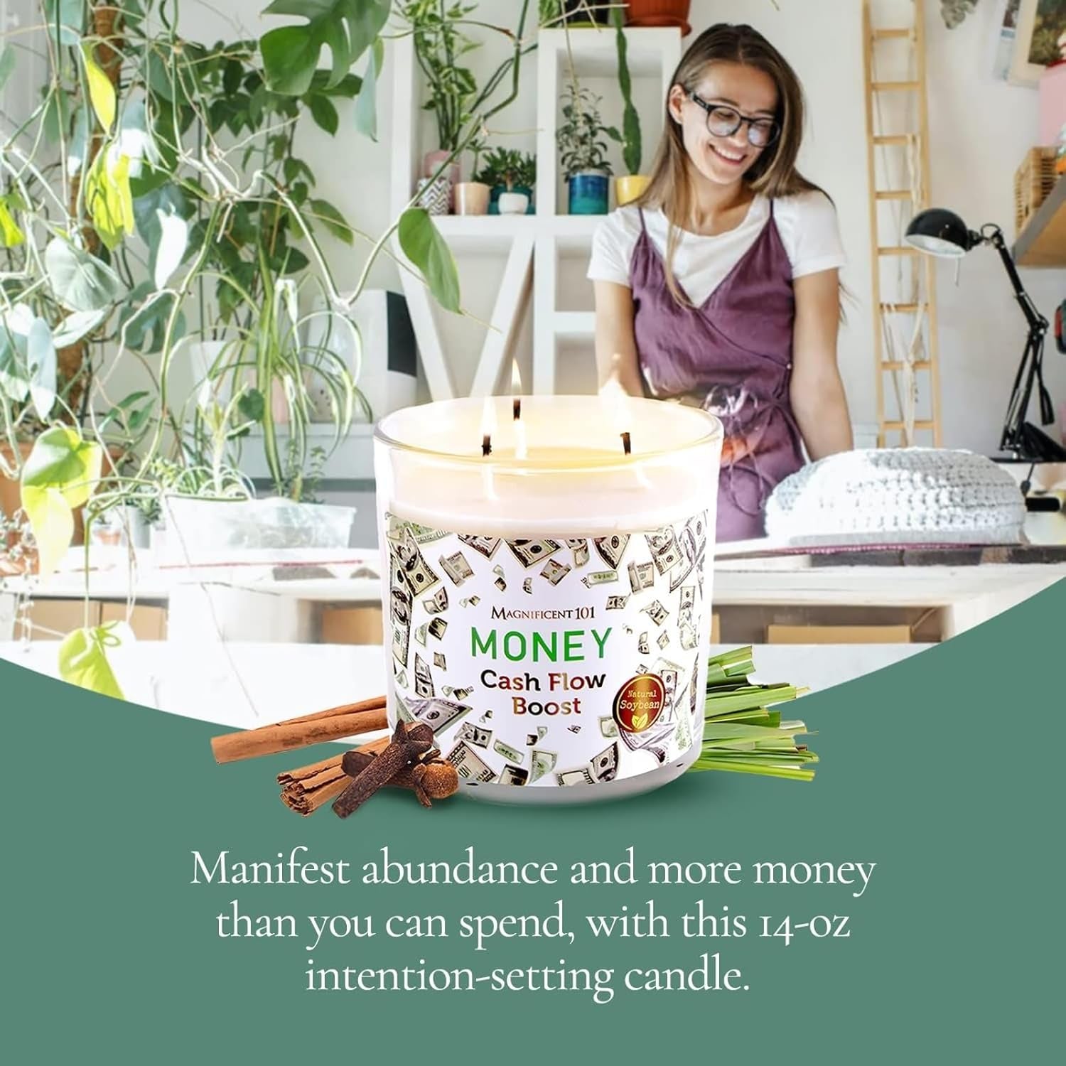 Long Lasting Money Smudge Candle with Clove, Cinnamon & Citronella | 14 Oz - 56 Hour Burn | Made of Soy Wax for House Energy Cleansing & Manifestation | Boost Your Cash Flow